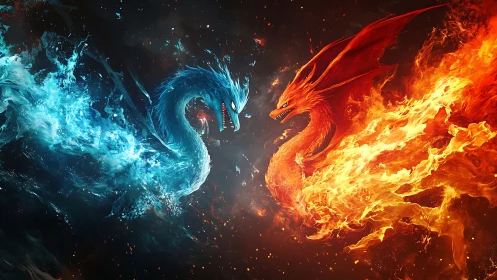 Elemental dragon duel where water and fire trade stares.