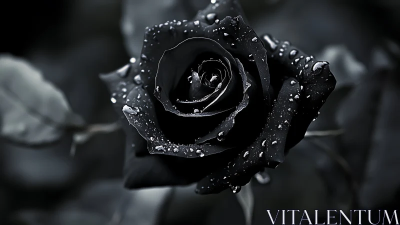 Black rose macro with water droplets in soft focus background.