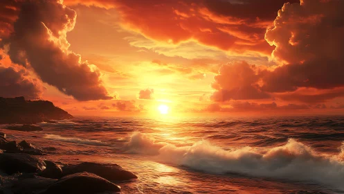 Digital seascape sunset with dramatic cloud architecture.