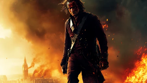 Battle-worn rebel walks through burning London in chaos.