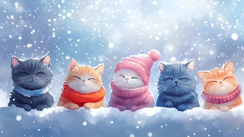Five cartoon cats wearing winter clothing positioned in snow with falling snowflakes.