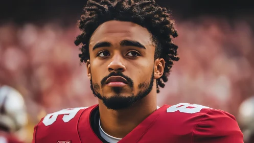 Focused football player in red jersey on stadium sideline.
