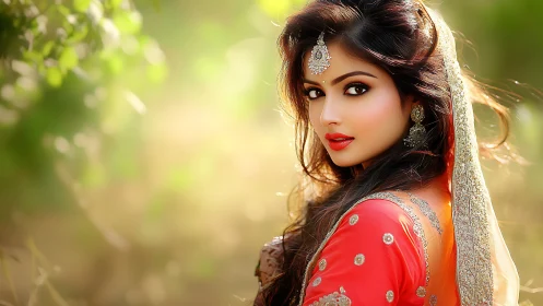 Portrait of an adorned woman rendered in luminous photorealism