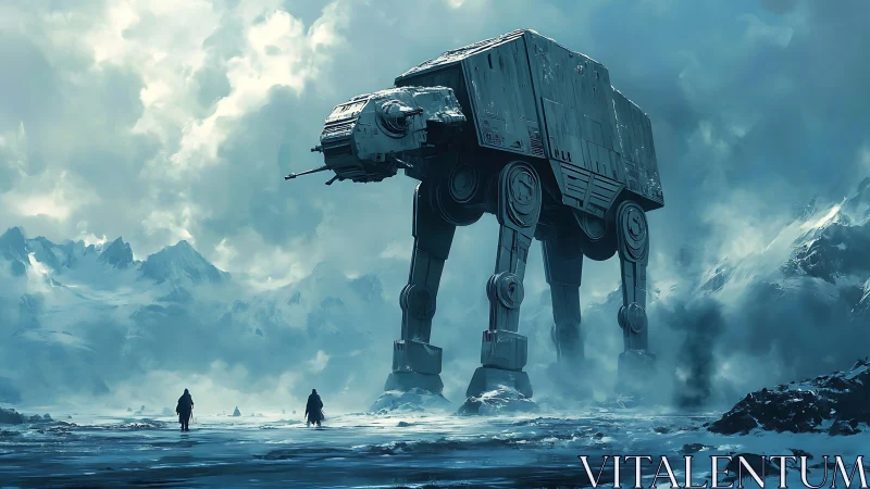 Colossal frostwalker mech lumbers through storm-bitten tundra.