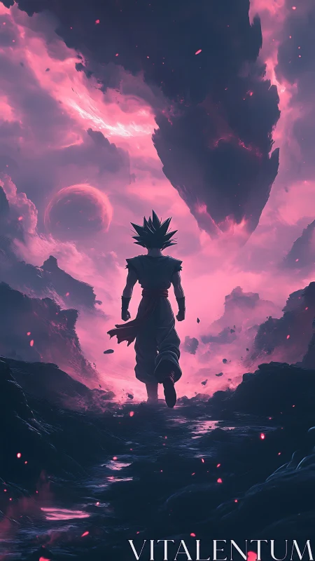 Silhouetted warrior beneath fragmented sky in magenta light.