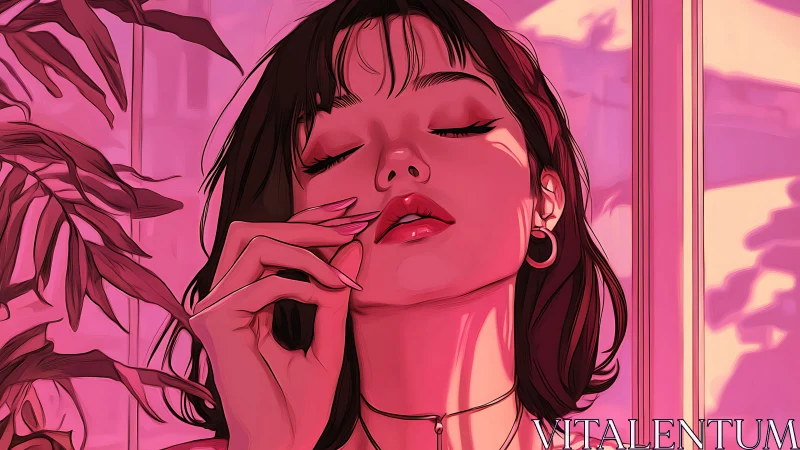 Digital portrait of woman in pink-toned indoor setting.