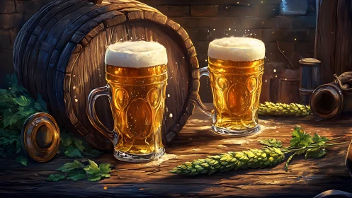 Rustic brewery scene captures two glowing mugs of beer