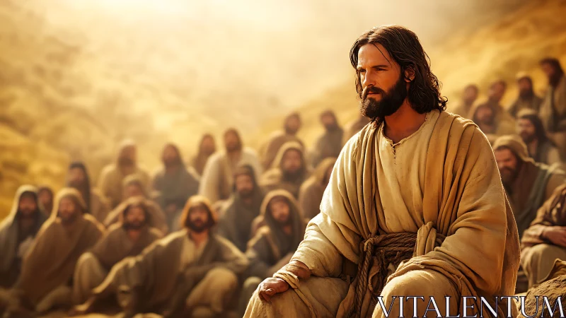 Sunlit teacher among desert listeners in contemplative hush.