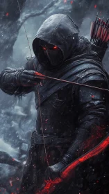 Hooded shadow archer with glowing red bow in frozen forest.