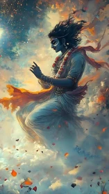 Celestial blue deity floating through luminous cloud nebula.