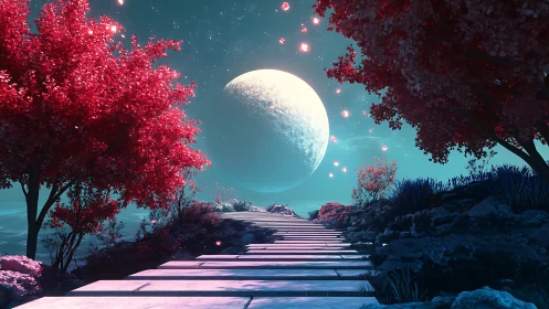 Moonlit garden path leading toward a dreamy glowing horizon.