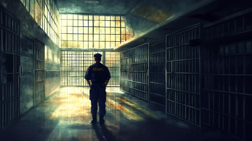 Prison guard walks alone through dim cell corridor.