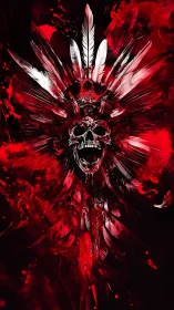 Skull with feathered headdress in red abstract composition.