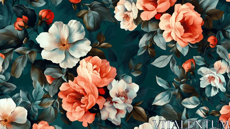 Coral and White Peonies on Deep Teal Garden Background.