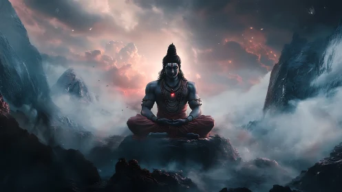 Meditating mountain deity sits within stormy celestial mist