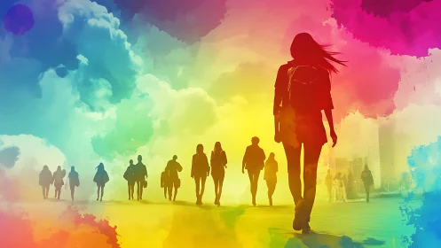 Silhouetted People Walking in Vibrant Watercolor Urban Scene.