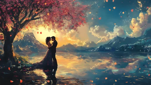 Lovers Beneath Crimson Tree at Golden Sunset.