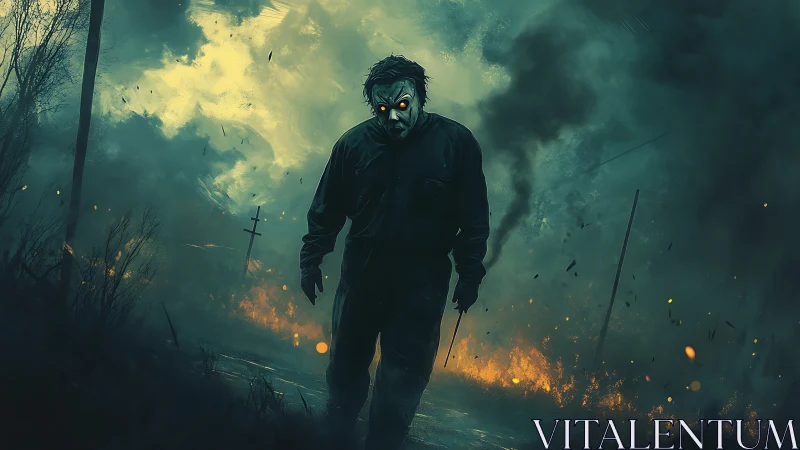 Masked figure walking through burning roadside landscape.