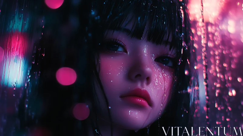 Neon drenched girl gazes through rain streaked window