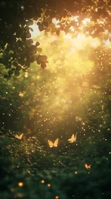 Volumetric forest light with luminous butterflies in bokeh field.