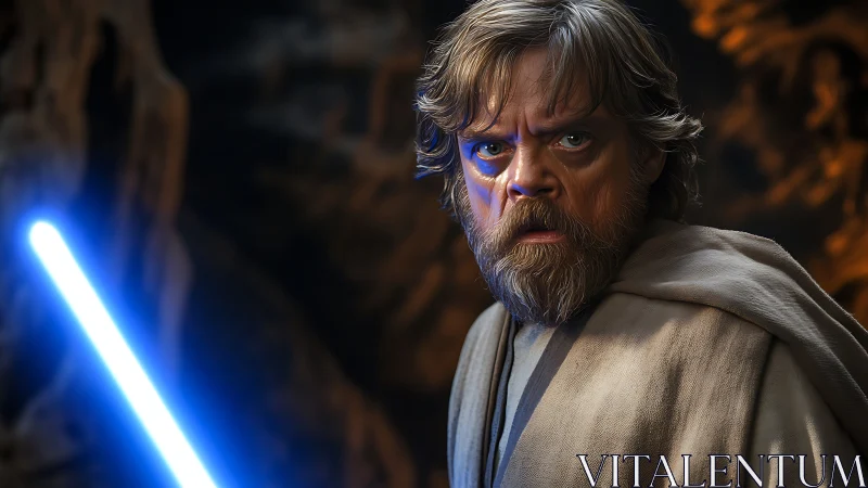 Bearded warrior holds blue energy sword in dim cavern