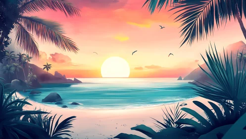 Sunset glow pours gently over a tranquil tropical cove