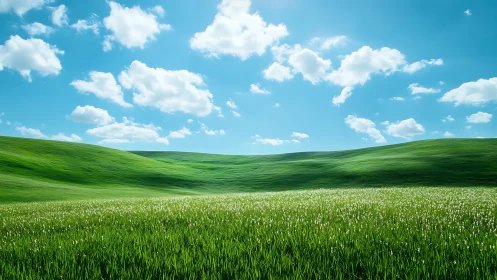 Green hillside meadow under scattered cumulus cloud sky.