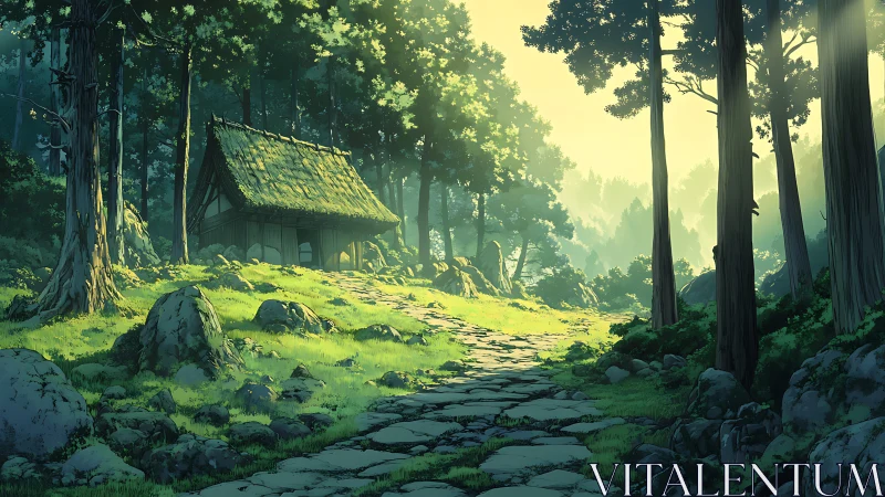 Cottage in Illuminated Forest with Stone Path