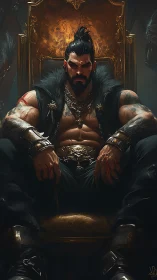 Muscular armored man seated on ornate golden throne in shadow.