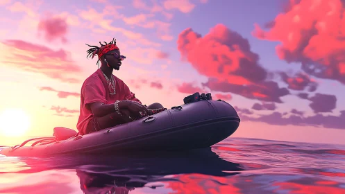 Man in inflatable boat on calm sea at vivid sunset.