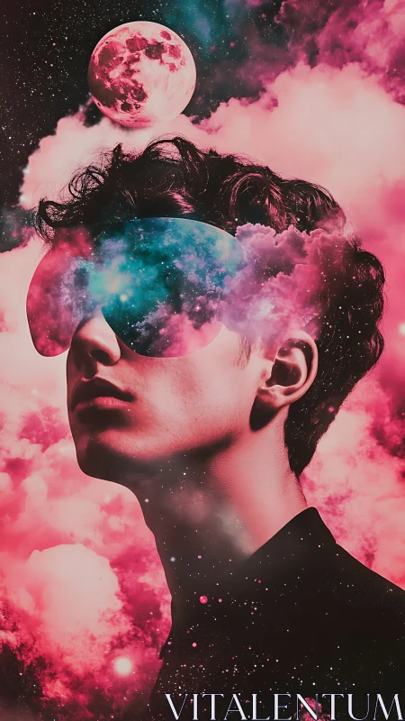 Surreal cosmic portrait with nebula visor and lunar halo.