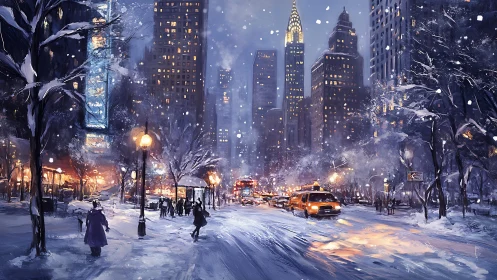 Snowy city avenue glows under winter night lights.