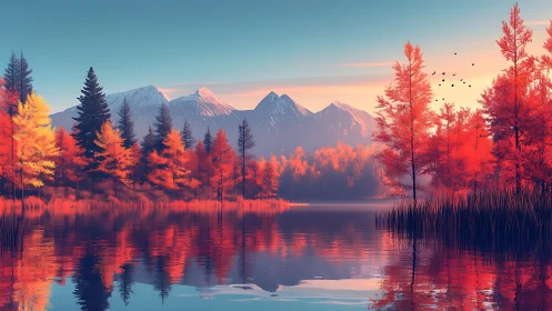 Autumnal alpine lake with saturated chromatic reflections.