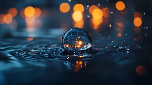 Midnight droplet crowned by ember-bright city lights.