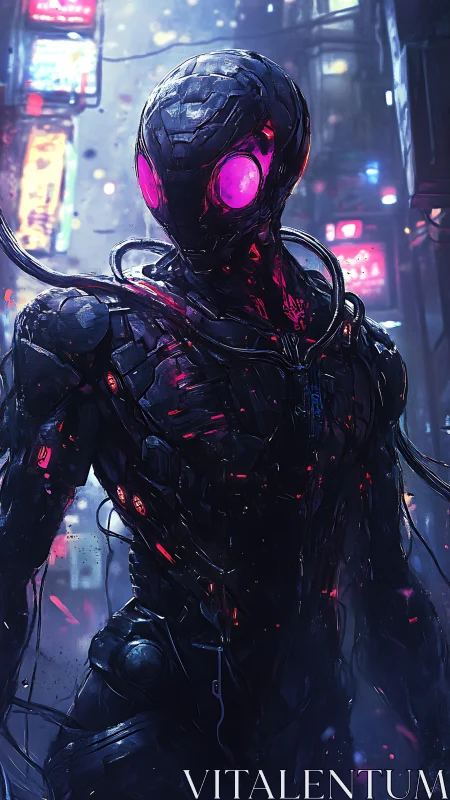 Neon-eyed cyber sentinel stalking the rain-lit megacity night.