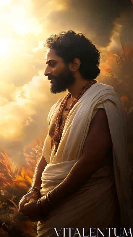 Mystic sage bathed in golden divine sunset light.