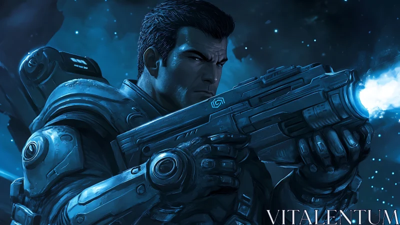 Armored space soldier aims plasma rifle in blue nebula field.