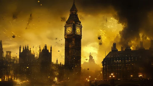 Big Ben skyline burns under apocalyptic golden smoke