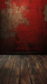 Weathered red wall with rustic wooden floor interior backdrop.