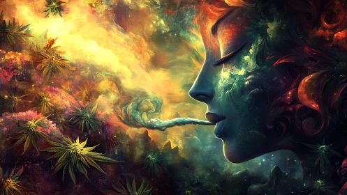 Surreal cosmic portrait with smoking profile and foliage.