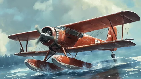Crimson floatplane skimming silver water in stormy morning light.