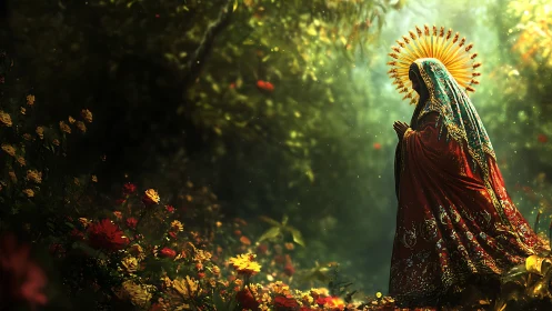 Radiant veiled figure kneels in baroque garden illumination