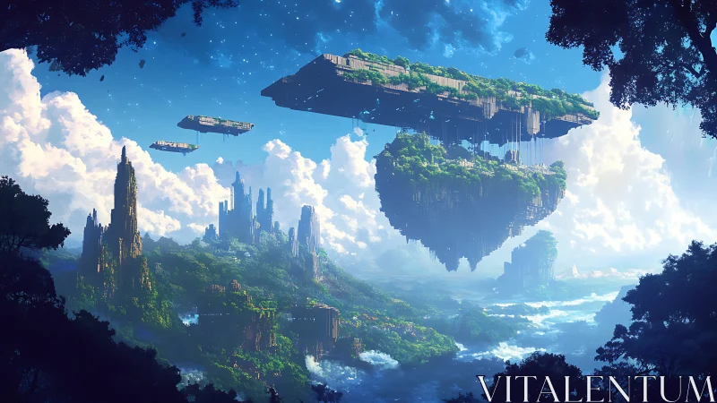 Digital painting of tiered sky islands above lush river valley.