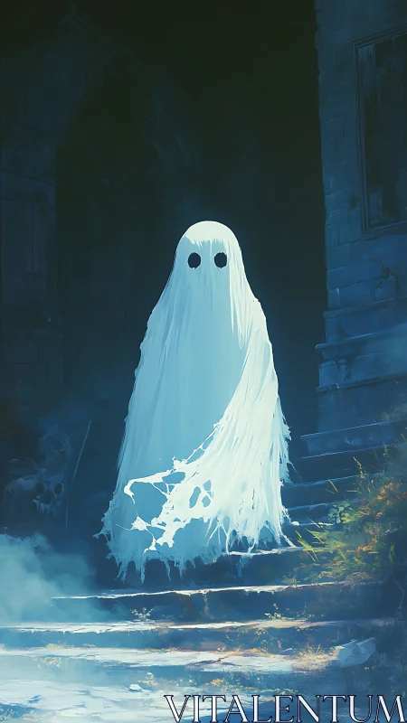 Spectral sheet entity on decayed stone staircase at night.