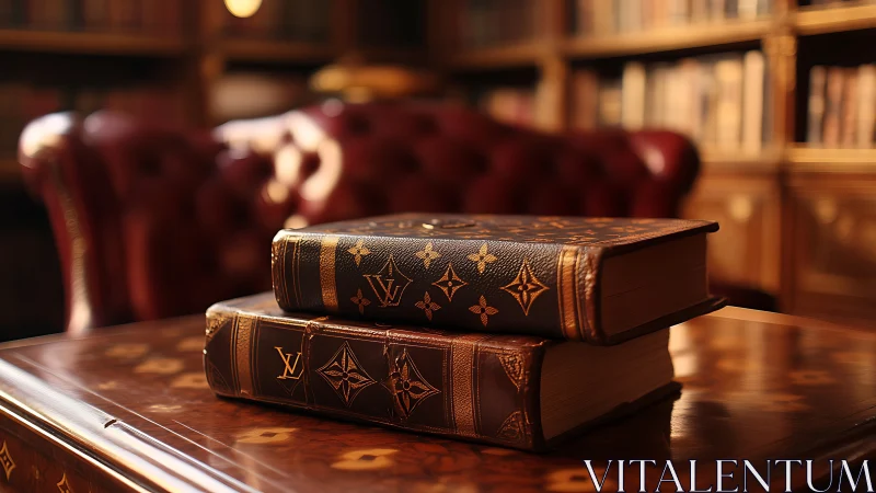 Leatherbound luxury books rest on polished library table