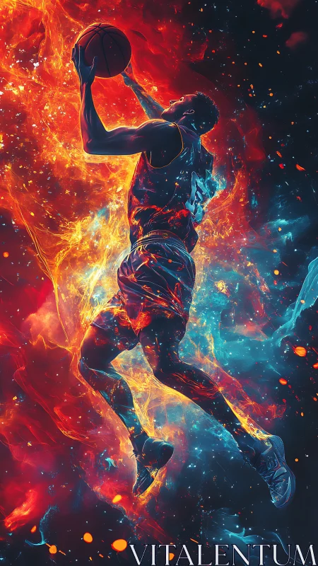 Electrifying basketball leap glowing with fire and energy.