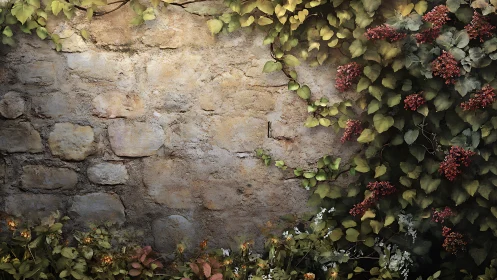 Sunlit garden stone wall welcomes trailing vines and blooms