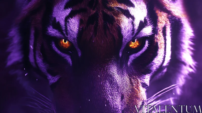 Ultraviolet tiger portrait isolates blazing amber eyes in focus