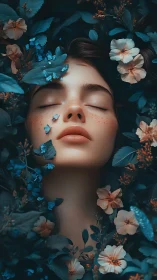 Serene female face framed by blue and peach garden flowers.
