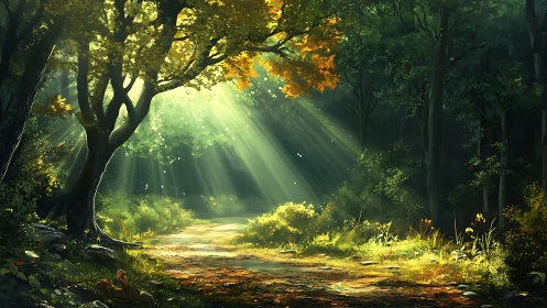 Forest pathway with volumetric light and autumn foliage.